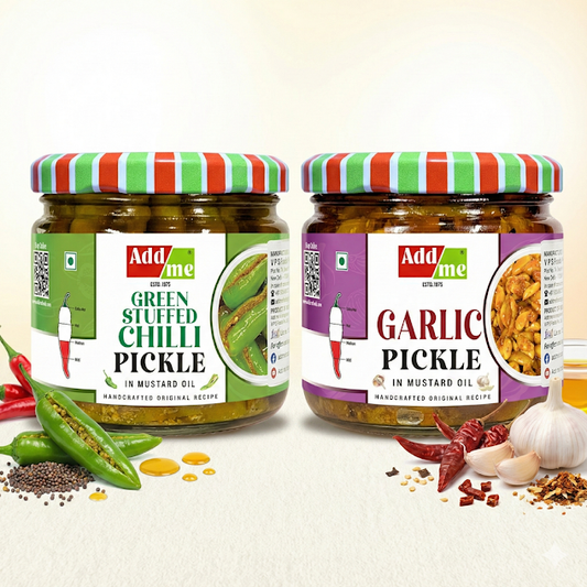 Pickles Combo - 4 Jars: Green Stuffed Chilli, Gajar Shalgam, Garlic & Ginger (Traditional Recipe in Mustard Oil 300gm*)