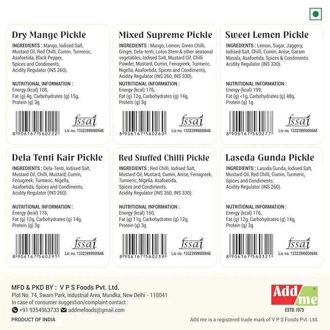 Premium 6-in-1 Indian Pickle Combo Gift Pack - Dry Mango, Sweet Lemon, Lal Mirchi, Kair, Mixed Supreme & Lasoda Gunda (300g each)