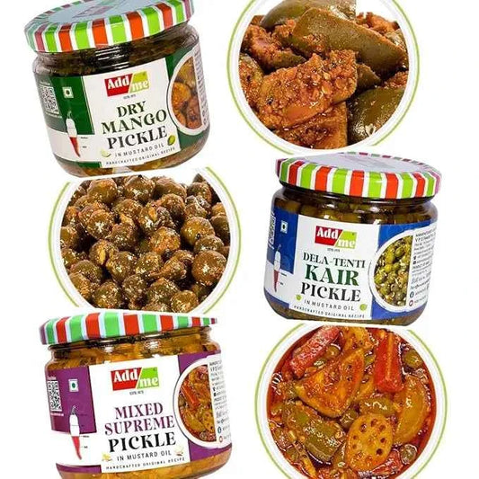 Premium 6-in-1 Indian Pickle Combo Gift Pack - Dry Mango, Sweet Lemon, Lal Mirchi, Kair, Mixed Supreme & Lasoda Gunda (300g each)