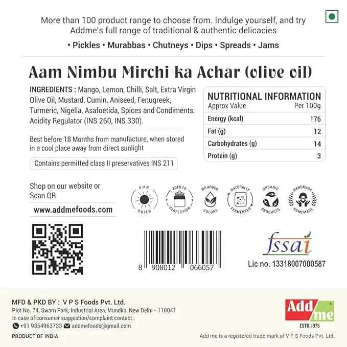 Aam Nimbu Mirch Ka Achar in Olive Oil barcode