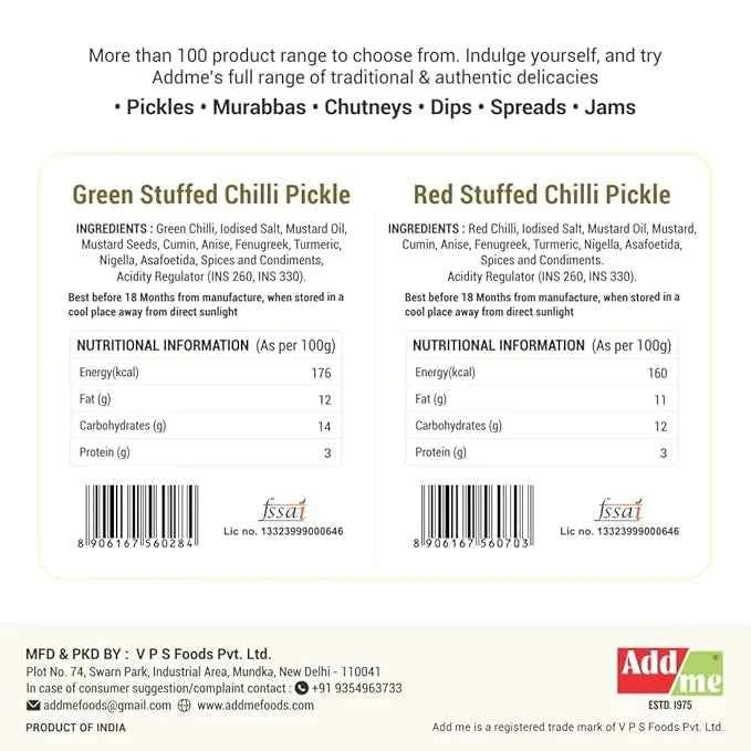 Add Me Green & Red Stuffed Chilli Pickle Pack of 2, 500gm Each