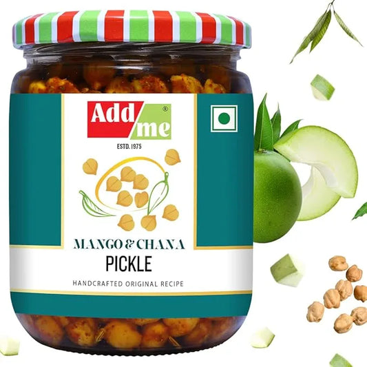 Jar of Add me Mango & Chana Pickle with green apples and chickpeas on a white background