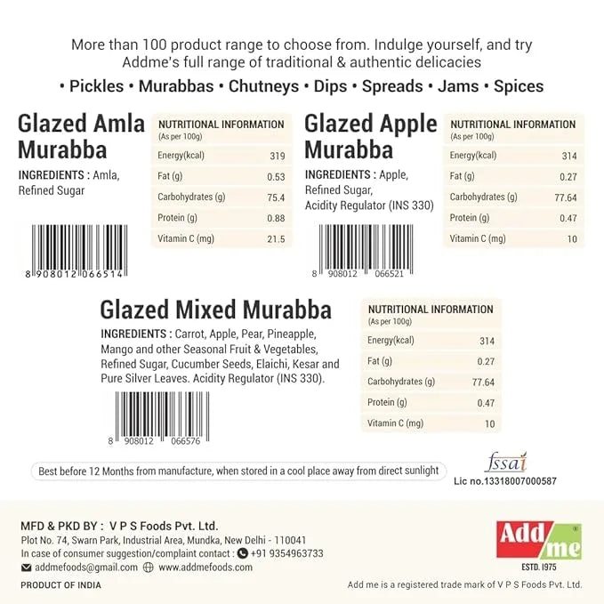 Product label with ingredients and nutritional information for Glazed Amla Murabba, Glazed Apple Murabba, and Glazed Mixed Murabba.
