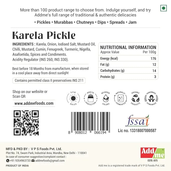 Karela pickle label with ingredients, nutritional information, and branding details.