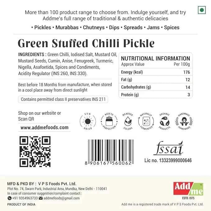 Buy Green Chilli Pickle 500gm, Hari Mirch ka Achar, Bharwa Mirchi less spicy | whole Stuffed Chilies