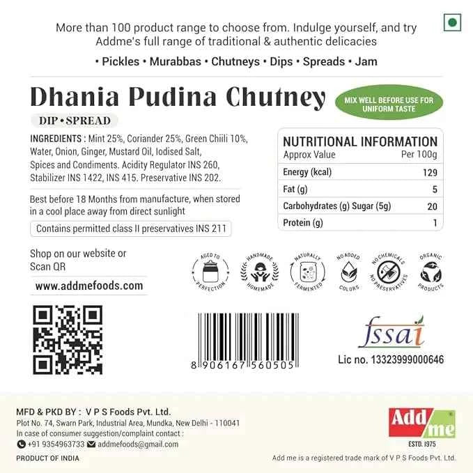 Dhania Pudina Chutney 300gm, Homemade Mint Coriander Chatni, Panipuri Bhelpuri