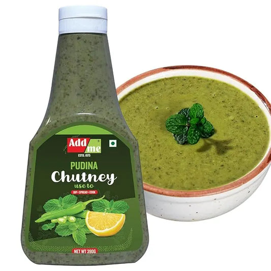 Addaone Pudina Chutney bottle with a bowl of chutney on a white background