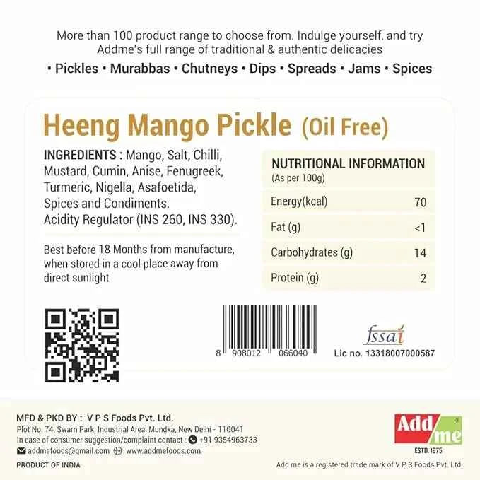Hing Mango Pickle 500gm Tangy Aam Achar with Bold Heeng Flavor, Add Me