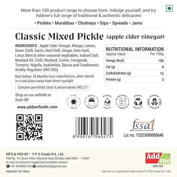 Mixed Pickle In Apple Cider Vinegar 300gm, Goodness Of Mixed Pickles, Sirka Wala Achar