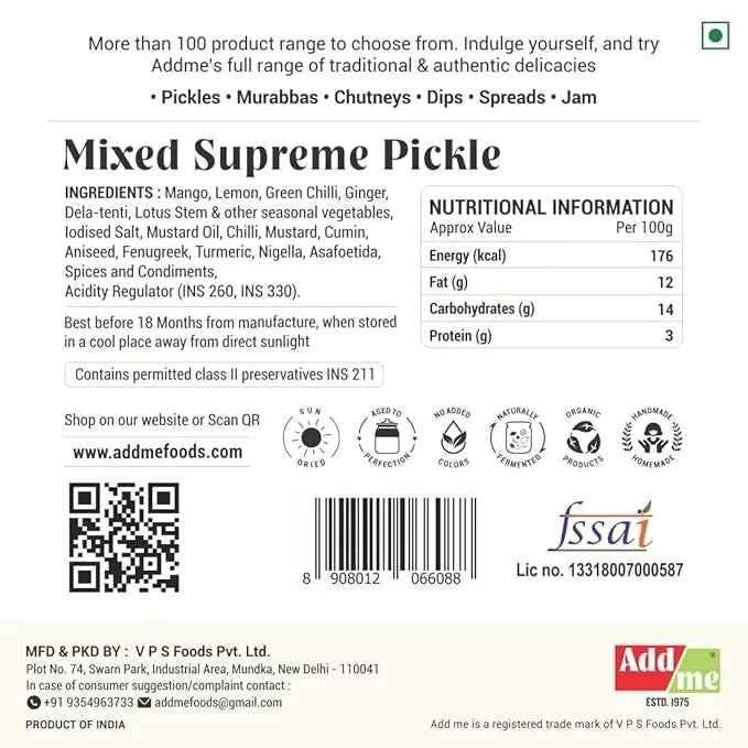 Mixed Supreme Pickle In Mustard Oil 500gm, Homemade Mix Achar, Addme