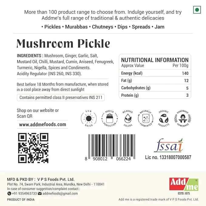 Mushroom Pickle, oyster, masalamatic, spicy, veg achar, 500gm, Add Me