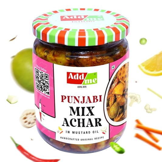 Jar of Punjabi Mix Achar with colorful lid and ingredients on a white background