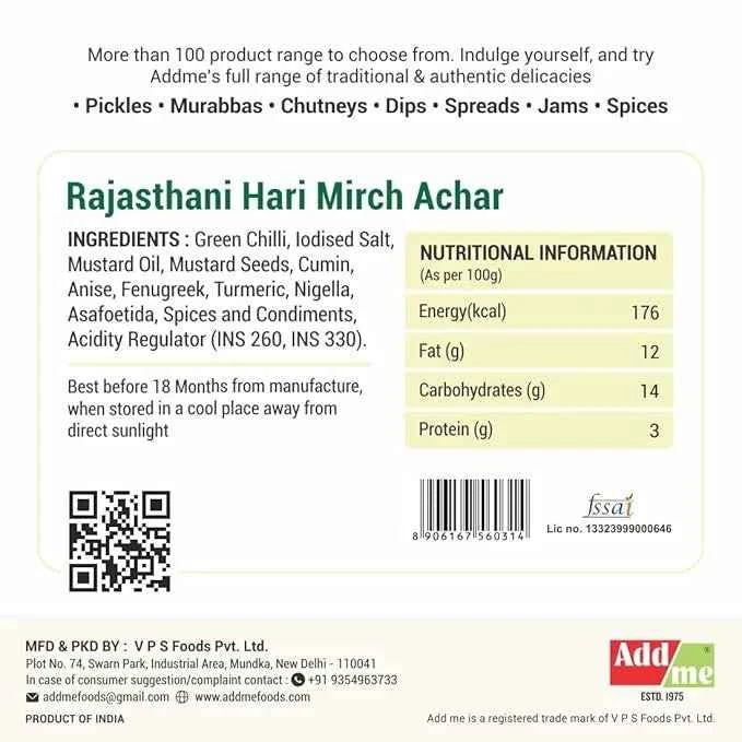 Rajasthani Hari Mirch Ka Achar 300gm, Homemade Green Chilli Pickle