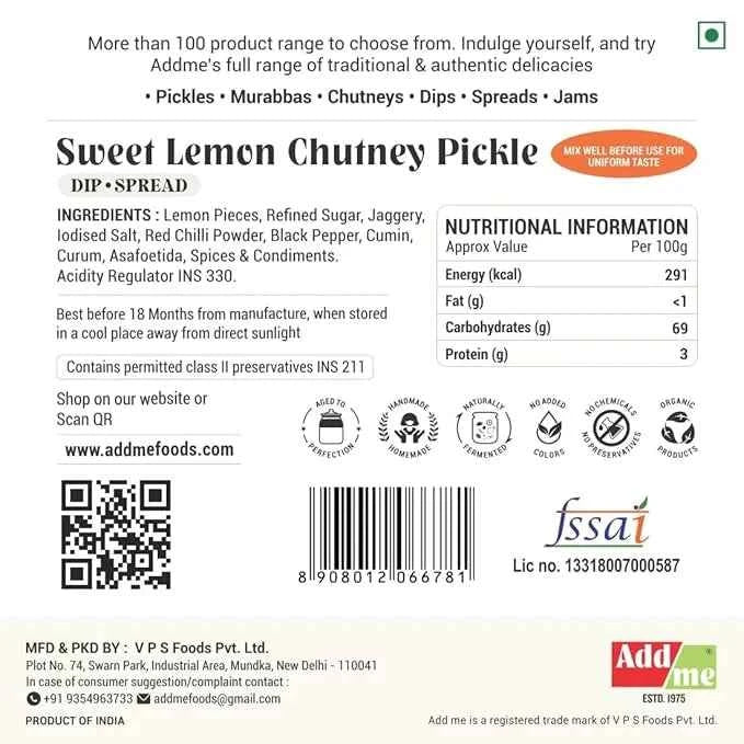 Sweet Lemon Chutney Pickle 600gm, Khatti Meethi Nimbu Ki Chatni