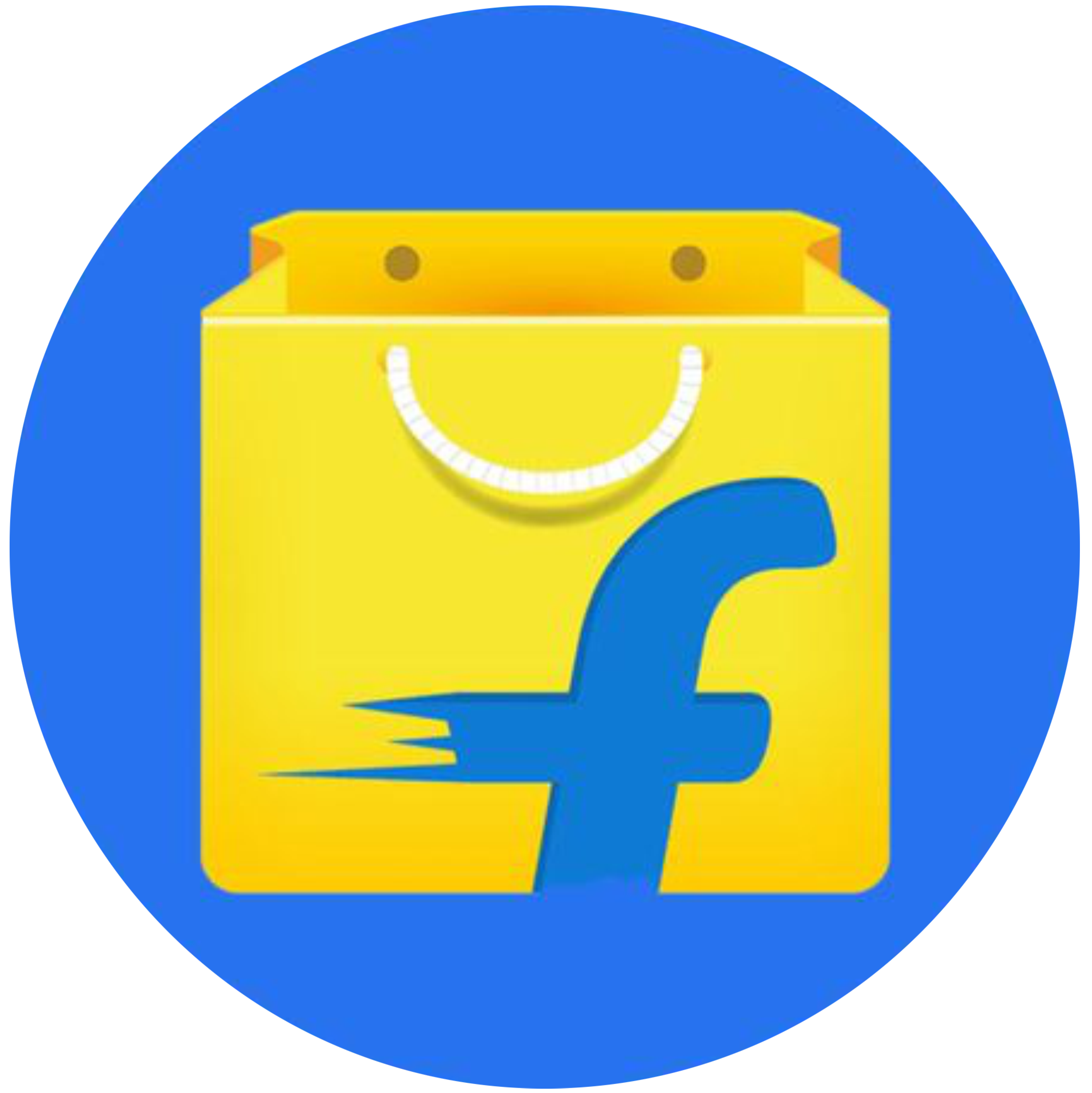 Yellow shopping bag with a blue logo on a blue circular background. Addme Flipkart