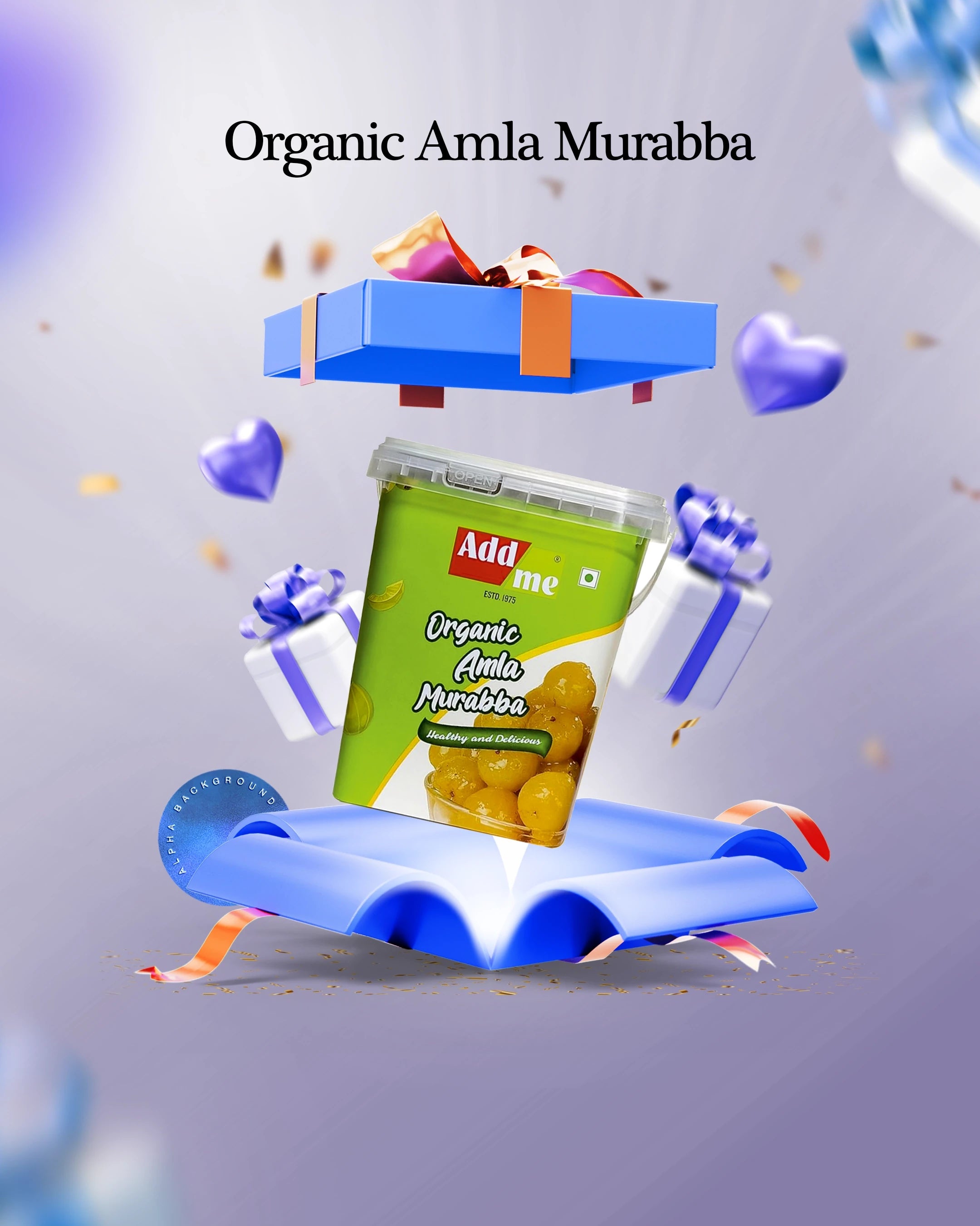 Add Me Organic Amla Murabba packaging with decorative elements on a light gray background