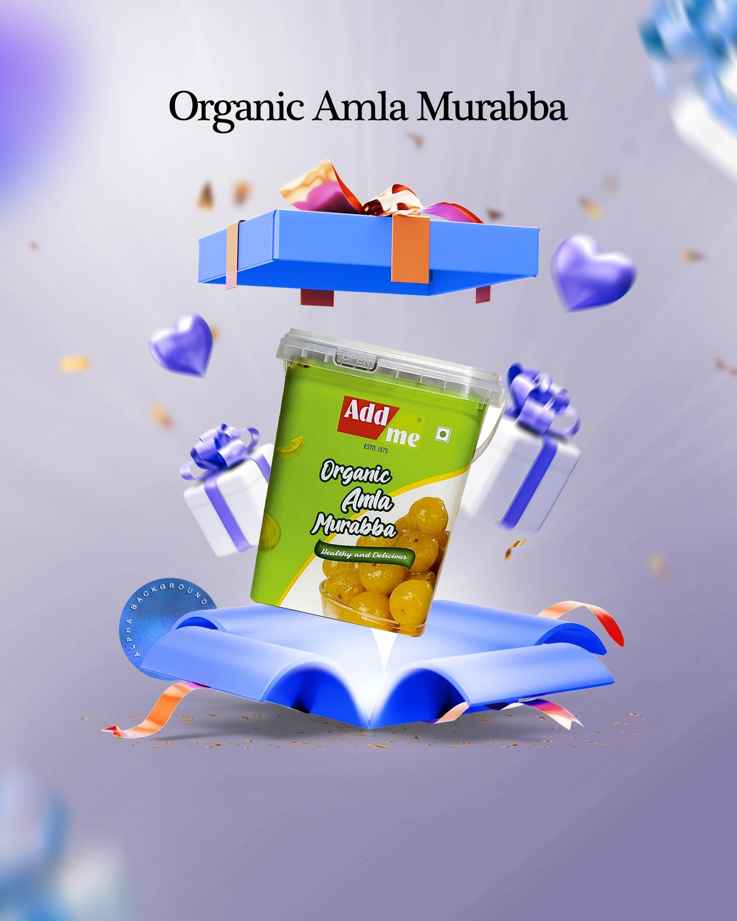Add Me Organic Amla Murabba packaging with decorative elements on a light gray background