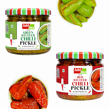 Add Me Green & Red Stuffed Chilli Pickle Pack of 2, 300gm Each - Add Me Foods