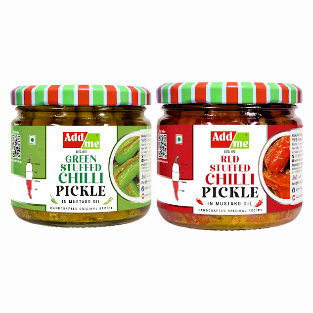 Add Me Green & Red Stuffed Chilli Pickle Pack of 2, 300gm Each - Add Me Foods