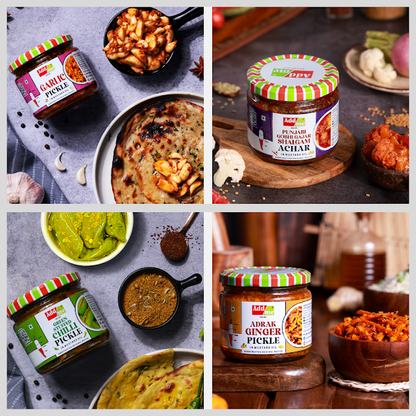 Pickles Combo - 4 Jars: Green Stuffed Chilli, Gajar Shalgam, Garlic & Ginger (Traditional Recipe in Mustard Oil 300gm*)