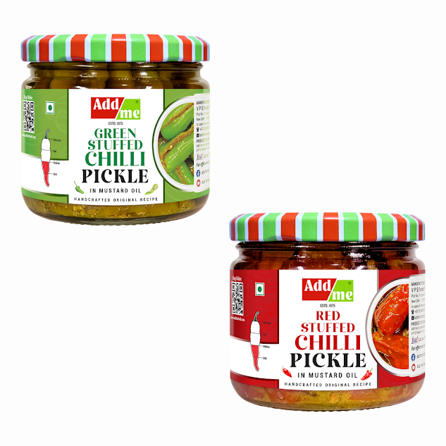 Add Me Green & Red Stuffed Chilli Pickle Pack of 2, 300gm Each - Add Me Foods