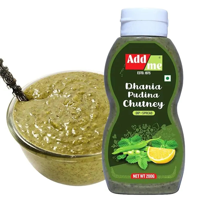 Bottle of Adda Dhania Pudina Chutney with a bowl of chutney on a white background