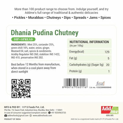 Dhania Pudina Chutney label with nutritional information, ingredients, and Addme branding.
