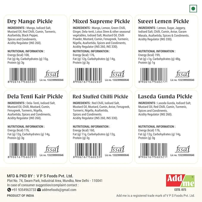 Labels of various pickles with ingredients, nutritional information, and branding on a white background.