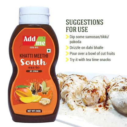 Bottle of Add Me Khatti Meethi Sonth with suggestions for use on a white background