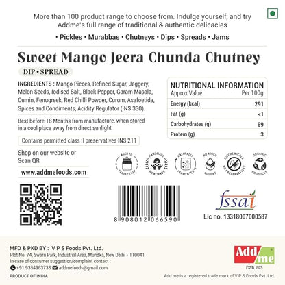 Back of a packaging label for Sweet Mango Jeera Chunda Chutney with nutritional information, ingredients, and branding details.