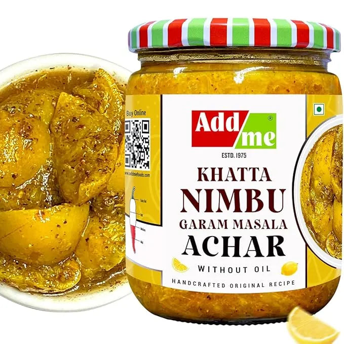 Jar of Addme Khatta Nimbu Garam Masala Achar with a close-up of the pickle on a white background