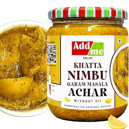 Jar of Addme Khatta Nimbu Garam Masala Achar with a close-up of the pickle on a white background