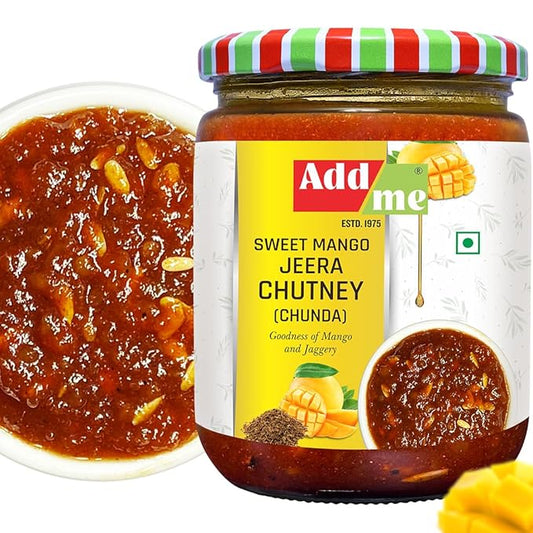 Jar of Add Me Sweet Mango Jeera Chutney with a close-up of chutney on a white plate.
