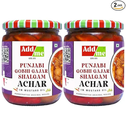 Two jars of Add Me Punjabi Gobhi Gajar Shalgam Achar on a white background. punjabi mix achar