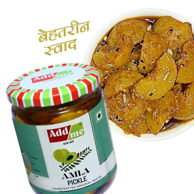 Jar of Add Me amla pickle with a plate of pickled amla slices on a white background. Seedless Amla Pickle 