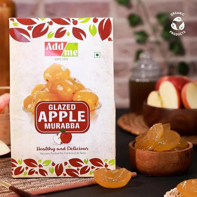 Add Me Foods: Packaging of Add Me Glazed Apple Murabba with apples and a bowl in the background