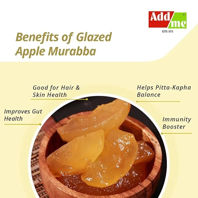 Add Me Foods: Glazed apple murabba with health benefits listed on a yellow background