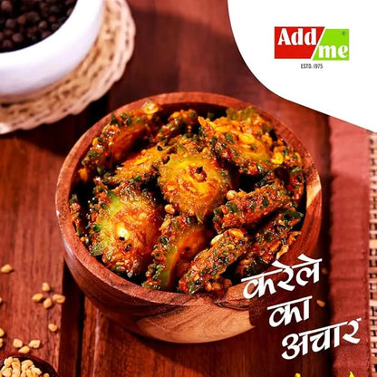 Wooden bowl of okra pickle with Adda Me logo and text on a wooden background