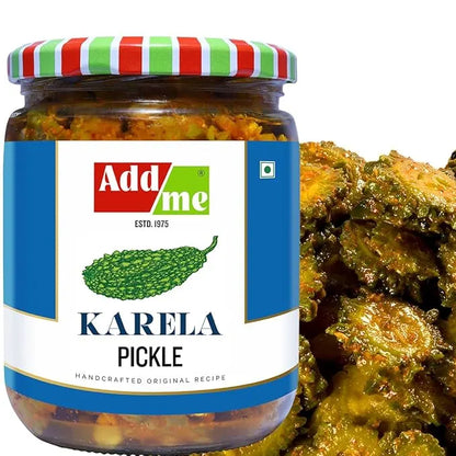 Jar of Add Me Karela Pickle with a close-up of pickles on a white background
