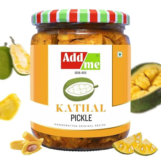 Jar of Add Me Kathal Pickle with a colorful lid on a white background