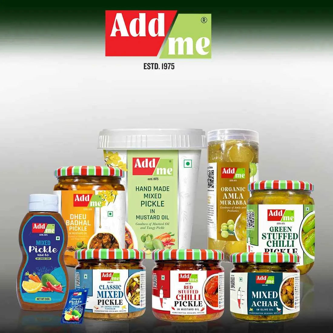 Assorted Add me pickles and condiments with the brand logo at the top.