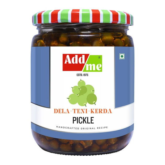 Jar of Add Me pickle with a colorful lid on a white background