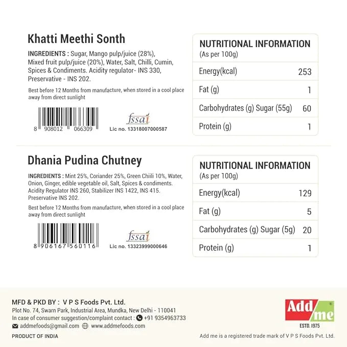 Add Me Foods: Back of a food packaging with ingredients, nutritional information, and branding details.