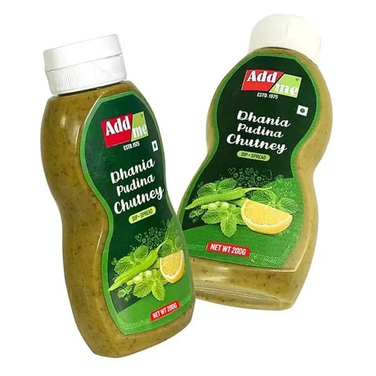 Two bottles of Add Me Dhania Pudina Chutney on a white background