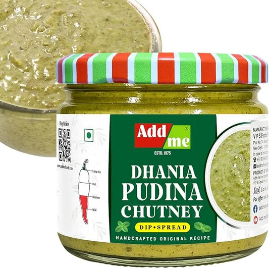 Jar of Add Me Dhania Pudina Chutney with a striped lid on a white background