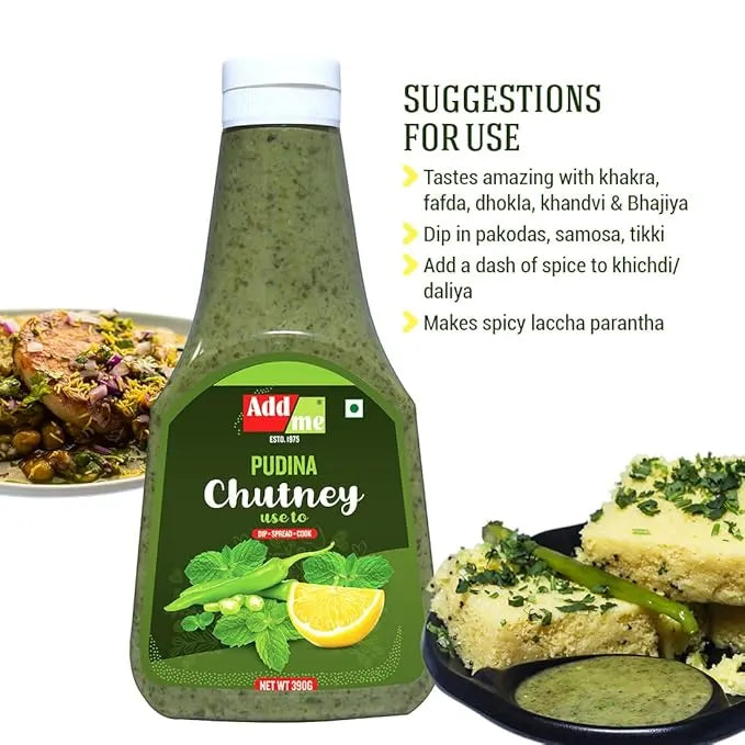 Pudina Chutney bottle with suggestions for use on a white background