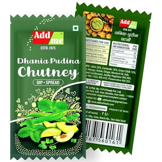 Add Me Foods: Green packaging of Add Me Phania Pudina Chutney with branding and product details.