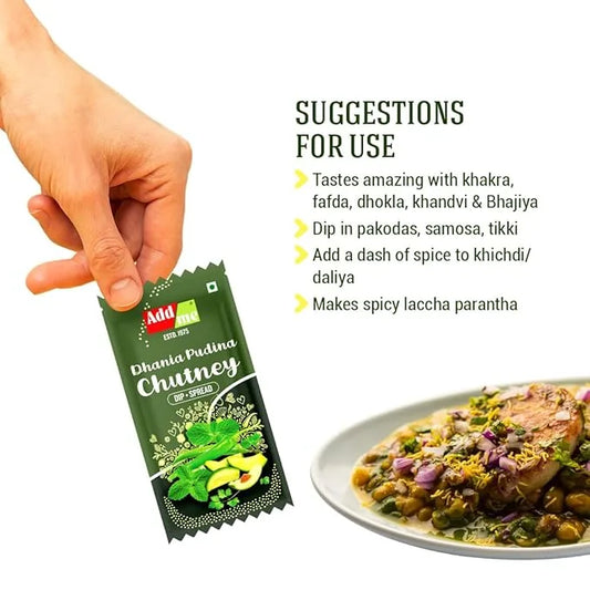 Add Me Foods: Hand holding a packet of Dhania Pudina Chutney with suggestions for use on a white background