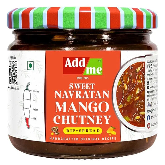 Jar of Add Me Sweet Navratan Mango Chutney with a colorful lid on a white background, mango chutney