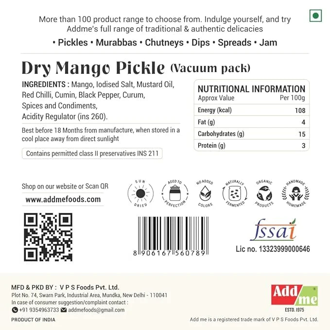 Dry Mango Pickle label with ingredients, nutritional information, and branding details.